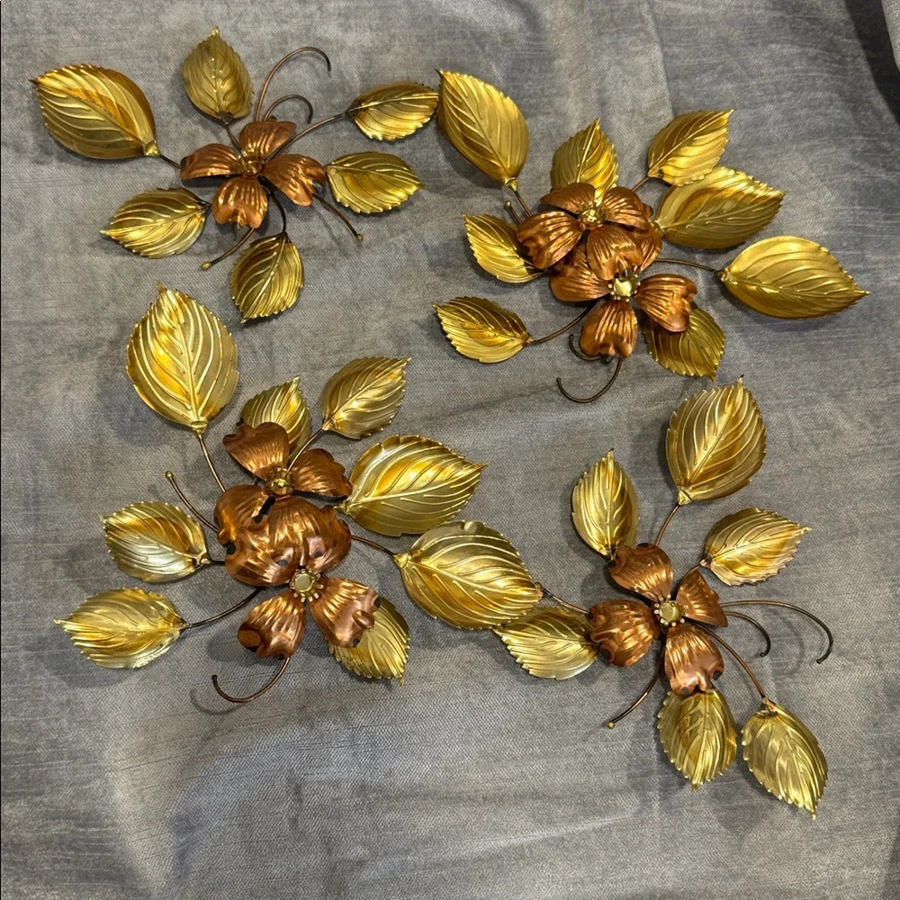4/ Vintage Metal Flower Wall Art | Mid Century Modern Gold & Copper  / set 4